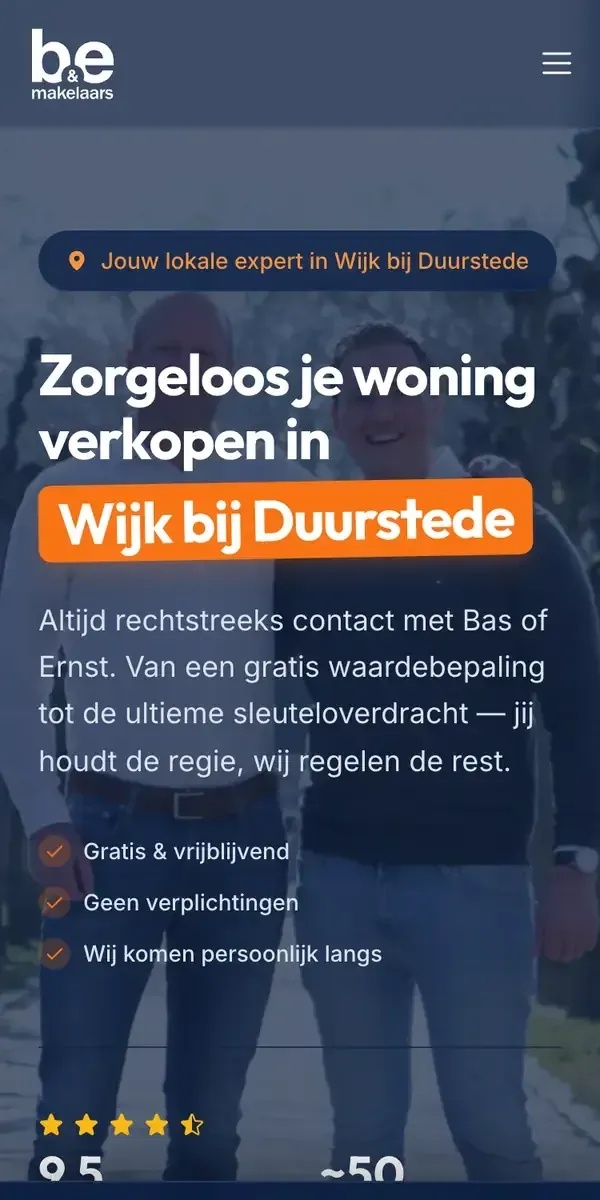 De pagina voor huizenverkopers van B&E Makelaars op een telefoon